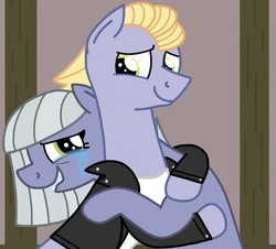 Size: 1617x1465 | Tagged: safe, artist:kindheart525, limestone pie, oc, oc:hawk eye, pony, kindverse, g4, clothes, crying, jacket, leather jacket, looking at each other, mother and son, next generation, offspring, parent:limestone pie, parent:zephyr breeze, parents:zephyrstone, story included