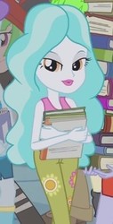 Size: 184x361 | Tagged: safe, screencap, aqua blossom, cherry crash, paisley, watermelody, equestria girls, g4, my little pony equestria girls, background human, book, cropped, flower, lidded eyes, looking at you, solo focus