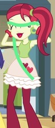 Size: 216x501 | Tagged: safe, screencap, rose heart, equestria girls, g4, my little pony equestria girls, background human, bracelet, cropped, ear piercing, earring, eyes closed, heart, jewelry, lockers, open mouth, piercing, streamers