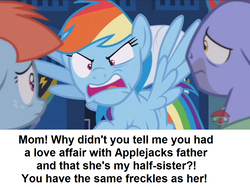 Size: 1078x808 | Tagged: safe, edit, edited screencap, screencap, bow hothoof, rainbow dash, windy whistles, pony, g4, parental glideance, angry, freckles, implied infidelity, op is on drugs, rainbow dash is best facemaker, treehouse logo, wat, yelling