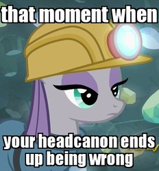 Size: 427x461 | Tagged: safe, edit, edited screencap, screencap, maud pie, earth pony, pony, g4, rock solid friendship, cropped, discovery family logo, female, hard hat, hat, helmet, image macro, meme, mining helmet, solo