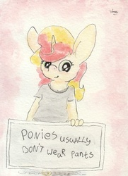 Size: 688x952 | Tagged: safe, artist:slightlyshade, sunset shimmer, unicorn, anthro, g4, clothes, female, no pants, shirt, sign, solo, traditional art, we don't normally wear clothes