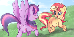 Size: 2000x1000 | Tagged: safe, artist:haden-2375, sunset shimmer, twilight sparkle, alicorn, pony, unicorn, g4, butt, cute, eyes closed, female, grass, lesbian, mare, plot, shimmerbetes, ship:sunsetsparkle, shipping, smiling, spread wings, twiabetes, twibutt, twilight sparkle (alicorn), wings