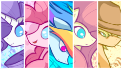 Size: 9000x5100 | Tagged: safe, artist:flamevulture17, applejack, fluttershy, pinkie pie, rainbow dash, rarity, earth pony, pegasus, pony, unicorn, g4, absurd resolution, colored pupils, cowboy hat, female, group, hat, mare, multicolored hair, remane five, stetson