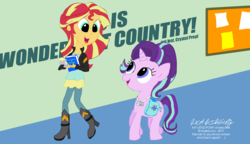 Size: 2306x1328 | Tagged: safe, artist:newportmuse, derpy hooves, starlight glimmer, sunset shimmer, human, pony, unicorn, equestria girls, equestria girls specials, g4, bag, book, boots, clothes, cute, female, high heel boots, hilarious in hindsight, human ponidox, jacket, leather jacket, looking at each other, mare, raised leg, self ponidox, signature, unsportsmanlike