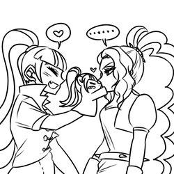 Size: 1000x1000 | Tagged: safe, artist:raika0306, adagio dazzle, sonata dusk, equestria girls, g4, ..., female, hand puppet, heart, indirect kiss, lesbian, lineart, pictogram, ship:sonagio, shipping, speech bubble, spoken heart