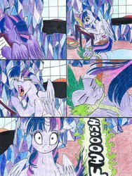 Size: 1024x1365 | Tagged: safe, artist:tillie-tmb, spike, twilight sparkle, alicorn, dragon, pony, comic:the amulet of shades, g4, book, comic, fire, green fire, magic, quill, sleeping, sneezing, twilight sparkle (alicorn), twilight's castle, yawn