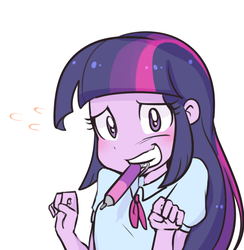 Size: 750x768 | Tagged: safe, artist:haden-2375, twilight sparkle, equestria girls, g4, my little pony equestria girls, bust, clothes, cute, looking at you, mouth drawing, mouth hold, pen, plewds, simple background, smiling, solo, twiabetes