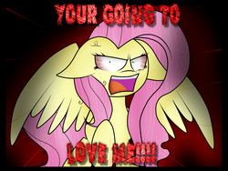 Size: 1600x1200 | Tagged: safe, artist:tayblossom, fluttershy, pegasus, pony, g4, angry, bloodshot eyes, ears back, female, grammar error, mare, misspelling of you're, solo, you're going to love me