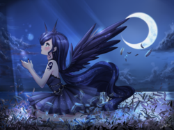 Size: 2800x2099 | Tagged: safe, artist:odaefnyo, princess luna, human, g4, alicorn humanization, alternative cutie mark placement, clothes, crescent moon, cutie mark on human, dress, ear piercing, earring, feather, female, high res, horn, horned humanization, humanized, jewelry, kneeling, looking up, moon, moonlight, night, piercing, shoulder cutie mark, solo, spread wings, stars, winged humanization, wings