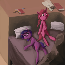 Size: 800x800 | Tagged: safe, artist:crashbrowns, pinkie pie, twilight sparkle, earth pony, pony, unicorn, g4, bed, duo, female, lesbian, mare, ship:twinkie, shipping