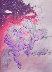 Size: 930x1280 | Tagged: safe, artist:femteetan, cloudchaser, flitter, pegasus, pony, g4, cloud, cloudy, flying, prone, sisters, sky, stars, traditional art, twilight (astronomy), unshorn fetlocks