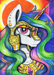 Size: 2448x3402 | Tagged: safe, artist:lunar-white-wolf, princess celestia, alicorn, pony, g4, armor, ear piercing, female, frown, helmet, high res, horn, horn ring, jewelry, mare, piercing, solo, traditional art, warrior celestia