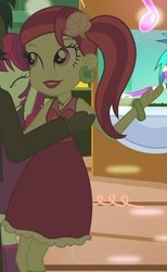 Size: 295x478 | Tagged: safe, screencap, dj pon-3, mystery mint, rose heart, thunderbass, vinyl scratch, equestria girls, g4, my little pony equestria girls, bracelet, cropped, ear piercing, earring, eyes closed, fall formal outfits, flower, flower in hair, heart, jewelry, necklace, piercing, this is our big night