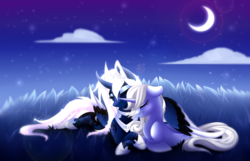 Size: 4200x2711 | Tagged: safe, artist:scarlet-spectrum, princess luna, oc, oc:moonbow, alicorn, pony, unicorn, g4, alternate design, canon x oc, cloud, crescent moon, cuddling, curved horn, eyes closed, grass, high res, horn, moon, night, night sky, prone, smiling, stars, white-haired luna