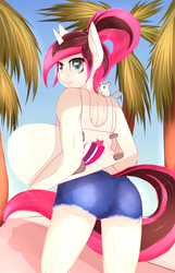 Size: 2000x3100 | Tagged: safe, artist:chapaevv, oc, oc only, oc:comet stike, rat, anthro, clothes, high res, looking at you, looking back, palm tree, pink hair, shorts, skateboard, solo, tree, white rat