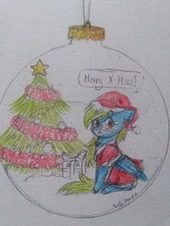 Size: 2448x3264 | Tagged: safe, artist:pinkcloudhugger, oc, oc only, oc:candy cloud, pony, christmas, christmas tree, high res, holiday, solo, traditional art, tree