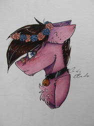 Size: 3000x4000 | Tagged: safe, artist:pinkcloudhugger, oc, oc only, oc:kluska, pony, bell, bell collar, bust, collar, female, mare, portrait, solo, traditional art