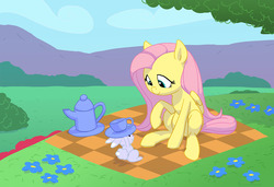 Size: 1206x825 | Tagged: safe, artist:carnifex, angel bunny, fluttershy, pegasus, pony, g4, cup, cute, duo, female, flower, grass, looking at each other, mare, picnic, scenery, shyabetes, smiling, teacup, tree