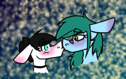 Size: 721x452 | Tagged: safe, artist:pinkcloudhugger, oc, oc only, oc:candy cloud, pony, abstract background, collar, kissing, shipping