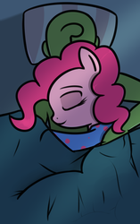 Size: 668x1067 | Tagged: safe, artist:neuro, pinkie pie, oc, oc:anon, earth pony, human, pony, g4, bed, clothes, cute, eyes closed, female, human on pony snuggling, male, mare, pajamas, sleeping, snuggling