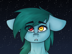 Size: 1600x1200 | Tagged: safe, artist:pinkcloudhugger, oc, oc only, oc:candy cloud, pony, bust, crying, female, floppy ears, hair over one eye, heterochromia, lip piercing, looking at you, mare, piercing, portrait, sad, solo, stars