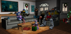 Size: 3846x1824 | Tagged: safe, artist:tahublade7, sweetie belle, anthro, g4, 3d, armor, chief and belle, christmas, christmas lights, christmas presents, christmas stocking, christmas tree, crossover, data, halo (series), holiday, krystal, master chief, space marine, star fox, star fox adventures, star fox: assault, star trek, tree, warhammer (game), warhammer 40k