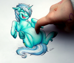 Size: 2698x2322 | Tagged: safe, artist:lupiarts, lyra heartstrings, human, pony, unicorn, g4, belly, breaking the fourth wall, chubby, cute, female, hand, high res, interactive, laughing, lying down, mare, on back, plump, simple background, tickling, traditional art, underhoof