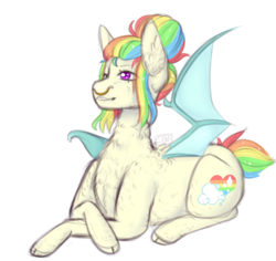 Size: 1000x945 | Tagged: safe, artist:cinnamonsparx, oc, oc only, oc:shimmering skies, bat pony, pony, cloven hooves, female, fluffy, mare, multicolored hair, prone, rainbow hair, simple background, solo, transparent background