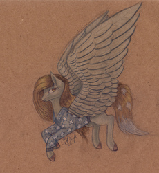 Size: 2233x2432 | Tagged: safe, artist:kimsteinandother, oc, oc only, pegasus, pony, clothes, female, high res, large wings, mare, shirt, solo, traditional art, wings