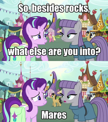 Size: 640x720 | Tagged: safe, edit, edited screencap, screencap, maud pie, starlight glimmer, earth pony, pony, g4, rock solid friendship, female, image macro, lesbian, meme, shipping, starmaud