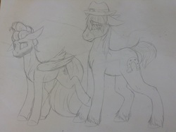 Size: 2592x1936 | Tagged: safe, artist:mlplover1987, trouble shoes, zephyr breeze, earth pony, pegasus, pony, appleoosa's most wanted, flutter brutter, g4, sketch, traditional art, wip