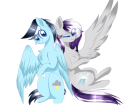 Size: 1024x860 | Tagged: safe, artist:little-sketches, oc, oc only, pegasus, pony, colored pupils, commission, cute, duo, eye clipping through hair, female, looking at you, male, mare, one eye closed, simple background, sitting, smiling, stallion, transparent background, wink