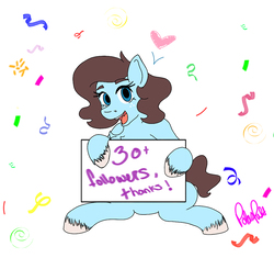 Size: 10320x9681 | Tagged: safe, artist:polar puff, oc, oc only, oc:polar puff, pony, absurd resolution, chest fluff, confetti, cute, female, flat colors, followers, freckles, heart, looking at you, mare, milestone, open mouth, quick draw, sign, signature, simple background, sitting, smiling, solo, spread legs, spreading, thank you, unshorn fetlocks, white background