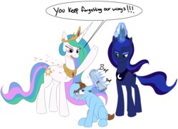 Size: 1100x796 | Tagged: safe, artist:swiftsketchpone, princess celestia, princess luna, oc, oc:swift sketch, alicorn, pony, g4, angry, bad pony, missing accessory, newspaper, pure unfiltered evil, self deprecation, simple background, white background, wingless