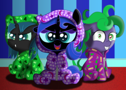 Size: 2160x1543 | Tagged: safe, artist:spellboundcanvas, mane-iac, nightmare moon, queen chrysalis, g4, antagonist, footed sleeper, hood, sitting