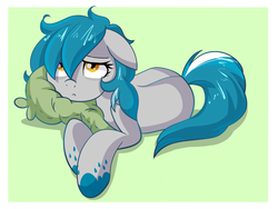 Size: 1600x1200 | Tagged: safe, artist:daydreamsyndrom, oc, oc only, oc:will o' wisp, earth pony, pony, female, floppy ears, green background, mare, pillow, prone, sad, simple background, solo