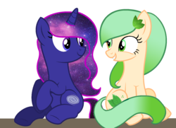 Size: 1500x1087 | Tagged: safe, artist:duyguusss, oc, oc only, oc:galaxy, oc:minty wind, earth pony, pony, unicorn, base used, female, galaxy mane, mare, sitting, smiling