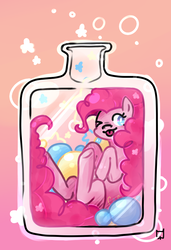 Size: 548x800 | Tagged: safe, artist:mikenlos, pinkie pie, earth pony, pony, g4, :p, cute, diapinkes, female, one eye closed, pony in a bottle, raspberry, solo, tongue out, wink