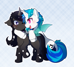 Size: 1280x1152 | Tagged: safe, artist:lupeylycan, dj pon-3, octavia melody, vinyl scratch, changeling, g4, blushing, changelingified, crying, cute, fangs, female, floppy ears, lesbian, ship:scratchtavia, shipping, species swap, unshorn fetlocks