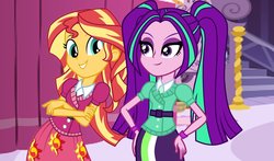 Size: 1166x686 | Tagged: safe, artist:ktd1993, aria blaze, sunset shimmer, equestria girls, g4, bracelet, carousel boutique, clothes swap, crossed arms, female, hand on hip, jewelry, lesbian, new outfit, school spirit, shipping, stairs, sun, sunblaze