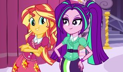 Size: 1166x686 | Tagged: safe, artist:ktd1993, aria blaze, sunset shimmer, equestria girls, g4, bracelet, carousel boutique, clothes swap, crossed arms, female, hand on hip, jewelry, lesbian, new outfit, school spirit, ship:sunblaze, shipping, stairs, sun