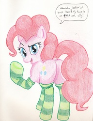 Size: 2402x3126 | Tagged: safe, artist:friendshipishorses, pinkie pie, earth pony, pony, g4, butt, clothes, dock, female, high res, plot, socks, solo, striped socks, traditional art