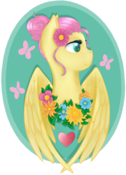 Size: 1024x1416 | Tagged: safe, artist:ayameshiromi, fluttershy, pony, g4, alternate hairstyle, cutie mark background, female, flower, flower in hair, solo, wreath