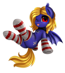 Size: 2550x2850 | Tagged: safe, artist:pridark, oc, oc only, oc:butter cream, bat pony, pony, butt, clothes, commission, cute, fangs, female, high res, looking at you, mare, ocbetes, one eye closed, plot, red eyes, simple background, slit pupils, smiling, socks, solo, stockings, striped socks, thigh highs, transparent background, wink, ych result
