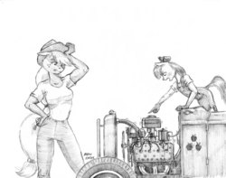 Size: 1400x1104 | Tagged: safe, artist:baron engel, apple bloom, applejack, earth pony, anthro, g4, bow, breasts, car, clothes, cowboy hat, digital art, engine, female, filly, ford flathead v8, grayscale, hair bow, hat, jalopy, jeans, mare, mechanic, monochrome, overalls, pants, pencil drawing, pointing, shirt, siblings, simple background, sisters, sketch, stetson, t-shirt, traditional art, v8, white background