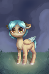 Size: 1618x2446 | Tagged: safe, artist:rizzych, oc, oc only, oc:hibachi, pegasus, pony, cloud, ear fluff, eyebrows, female, filly, grass, mare, solo, wings