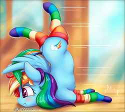 Size: 2270x2038 | Tagged: safe, artist:alcor, rainbow dash, pegasus, pony, g4, backbend, chest fluff, chest stand, clothes, crash landing, cute, dashabetes, face down ass up, fast, female, flexible, high res, landing, mare, rainbow socks, socks, striped socks