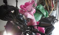 Size: 4582x2726 | Tagged: safe, artist:qxangelxp, pinkie pie, earth pony, pony, g4, eyes closed, female, high res, irl, mare, motorcycle, photo, plushie, solo