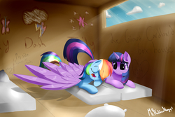 Size: 3000x2000 | Tagged: safe, artist:a8f12, rainbow dash, twilight sparkle, alicorn, pegasus, pony, g4, bed, cardboard box, caress, cover, covering, cute, duo, female, high res, lesbian, mare, ship:twidash, shipping, spread wings, twilight sparkle (alicorn), wing blanket, wings